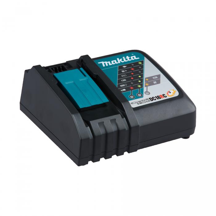 Chargeur Makita DC18RC 18 V LXT compact avec indicateurs LED sur fond neutre